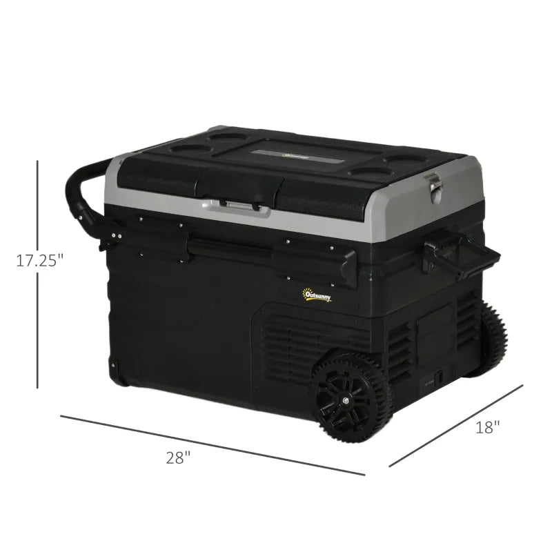 Outsunny 12 V Car Fridge, 2 Zone 58 Quart Portable Compressor Electric Cooler with Wheels, Pull-up Handle, Cutting Board, 12/24 V DC and 110 - 240 V AC for Outdoor, Driving, Travel