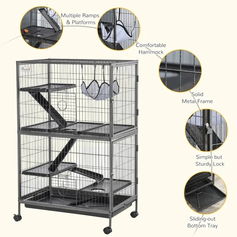 PawHut Deluxe Small Animal Cage Rolling Pet Product Play House Home with Platform, Ramps, Slide Out Tray, 4-Tier with Hammock and Universal Wheels