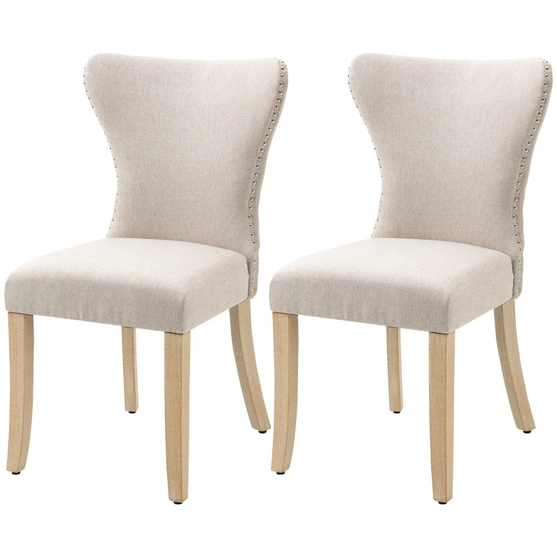 HOMCOM Armless Dining Chairs Set of 2, Modern Accent Chair with Wing Backrest, Linen Upholstery, Nailhead Trim, Cream White