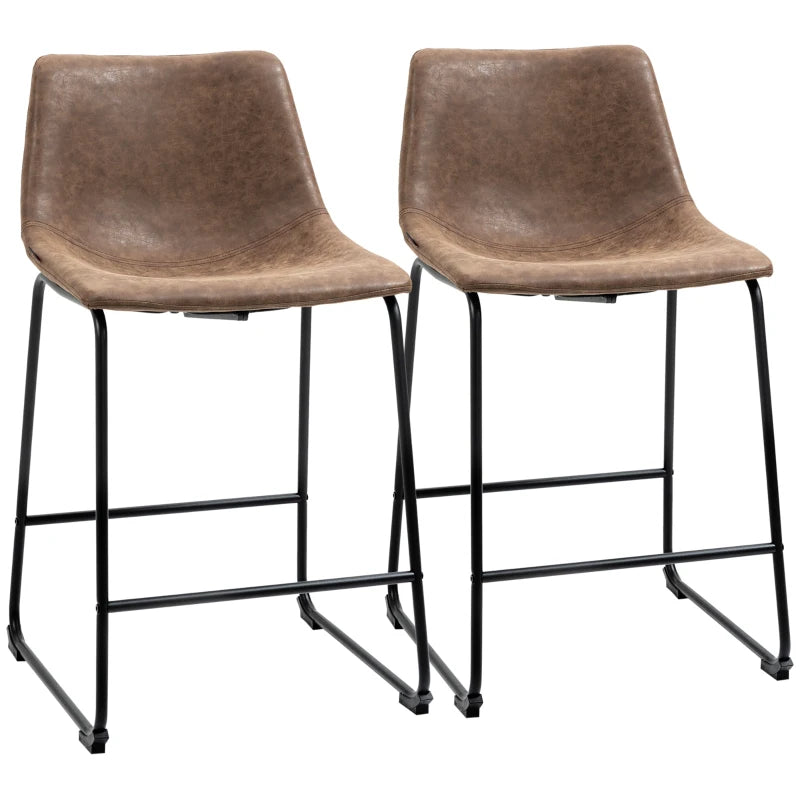 HOMCOM Counter Height Bar Stools, Vintage PU Leather Barstools with Footrest for Dining Room, Home Bar, Kitchen, Set of 2, Brown