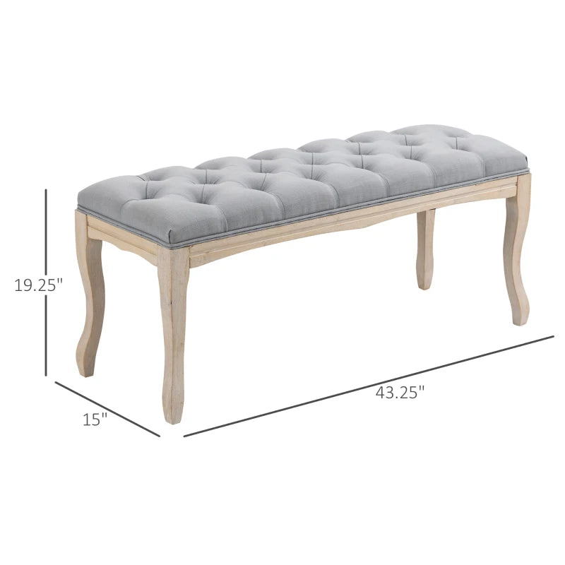 HOMCOM 43" Upholstered Entryway Bench, Linen Fabric Ottoman Stool with Button Tufted Seat, and Rubber Wood Legs for Living Room, Bedroom, or Hallway, Beige