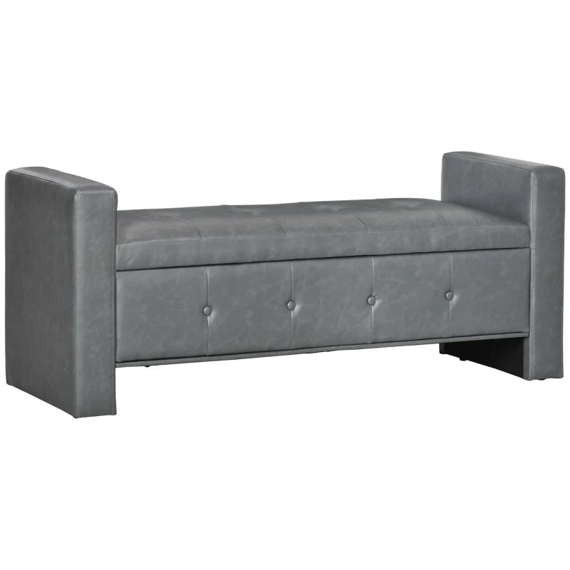 HOMCOM Rectangular Storage Ottoman Bench, Button Tufted Faux Leather Upholstered Footstool with Soft Closing Hinged Lid and Armrests for Bedroom, Living Room, Grey