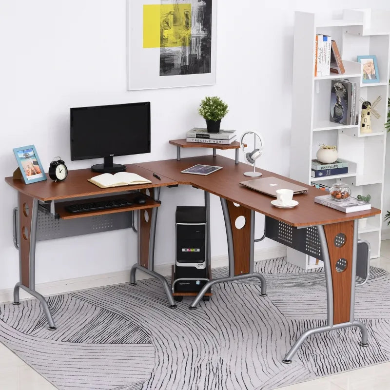 HOMCOM L-Shaped Corner Computer Office Desk Workstation with Rolling Keyboard Tray, & Convenient CPU Stand - Brown