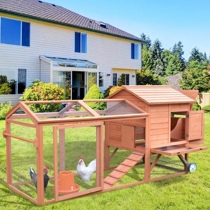 PawHut 96.5" Chicken Coop Large, Wooden Chicken House for 2-4 Chickens, Poultry Cage Hen Pen Portable Backyard with Wheels Outdoor Run, Nesting Box, Removable Tray, Natural