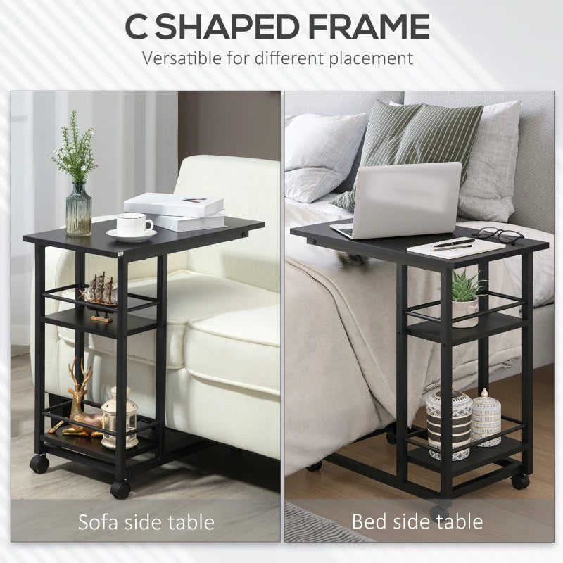 HOMCOM C Shaped End Table with Storage Shelves, Mobile Side Table with Wheels for Sofa Couch, Bed, Metal Frame, Black
