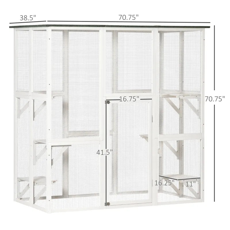 PawHut Outdoor Cat House Big Catio Wooden Feral Cat Shelter Enclosure with Large Spacious Interior, 6 High Ledges, Weather Protection Asphalt Roof, 71" L, White