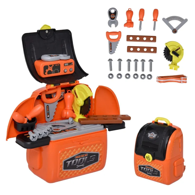 Qaba 34 Piece Kids Tools Play Set Backpack Realistic Workbench Construction Toy for Fun Pretend Workshop, Orange