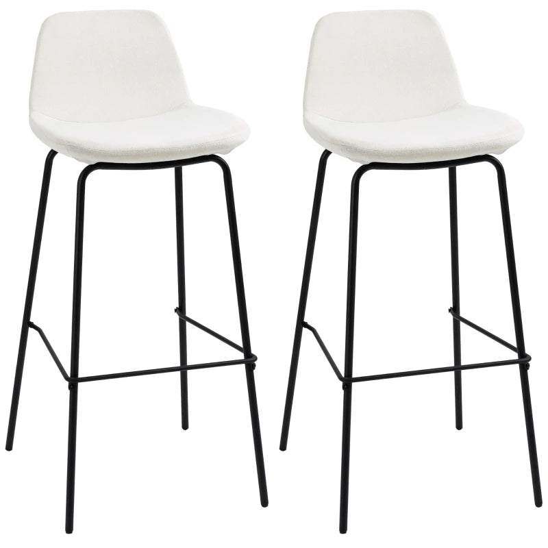 HOMCOM 29.5" Bar Stools Set of 2, Upholstered Extra Tall Barstools, Armless Bar Chairs with Back, Steel Legs, Cream White