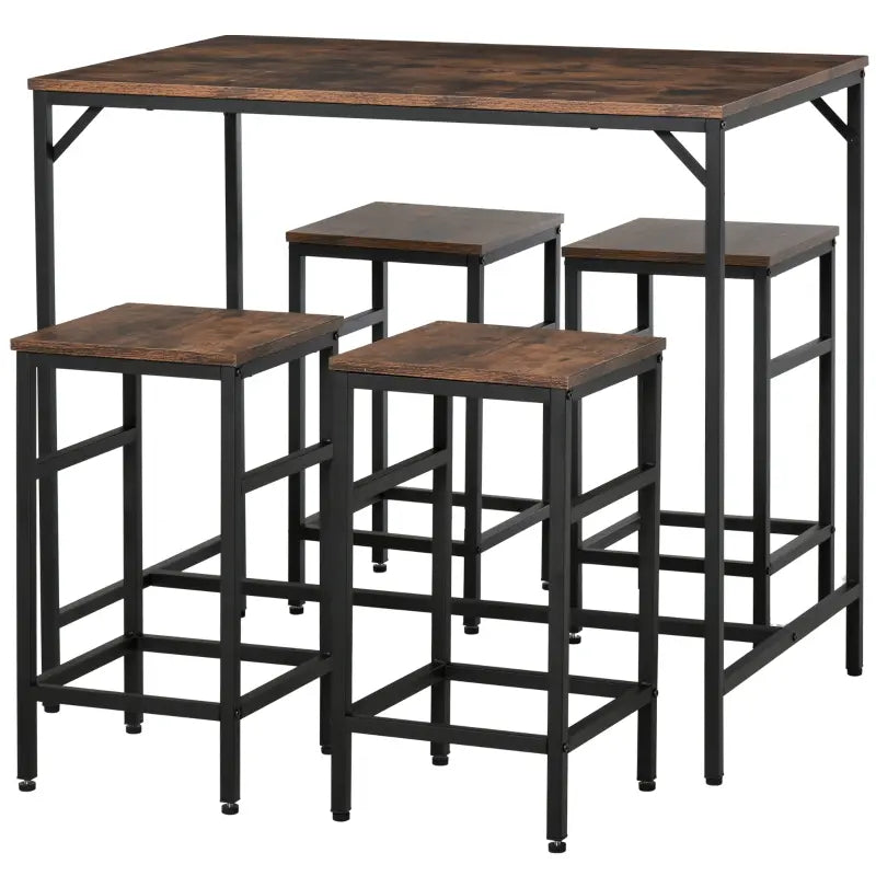 HOMCOM 5-Piece Industrial Dining Table Set, Bar Table & 4 Stools Set, Space Saving for Pub & Kitchen, Rustic Brown/Black