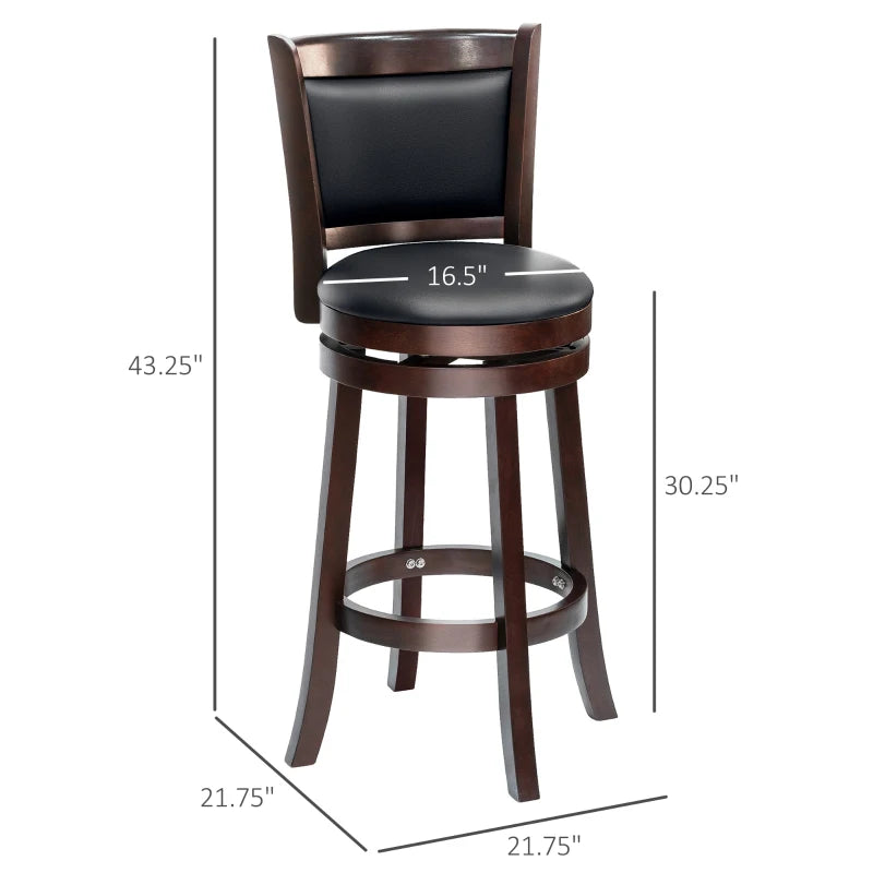 HOMCOM Traditional Bar Stool, 31 Inch Seat Height Barstool, Swivel PU Leather Upholstered Chair, with Cross Back and Rubberwood Frame, Black