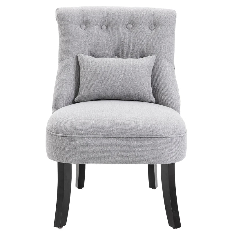 HOMCOM Small Button-Tufted Accent Chair Mid-Back Leisure Armchair with Upholstered Fabric, Solid Wood Legs, and Support Pillow, Grey