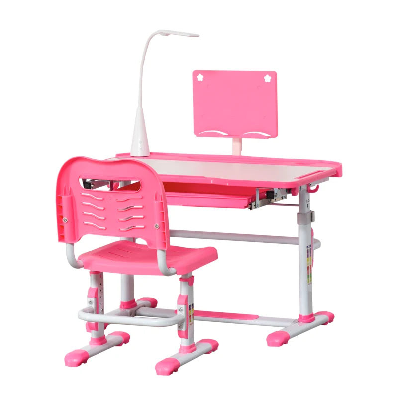 Qaba Kids Desk and Chair Set, Height Adjustable School Study Table and Chair, Student Writing Desk with Tilt Desktop, LED Lamp, Pen Box, Drawer, Reading Board, Cup Holder, and Pen Slots, Pink