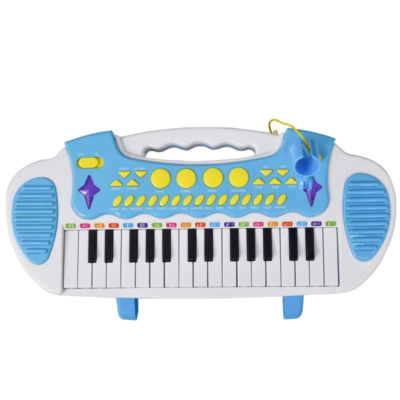 Qaba Kids Toy Keyboard Piano Toddler Electronic Instrument with Stool, Microphone and Bright Flashlight for Children Birth Gift, Blue