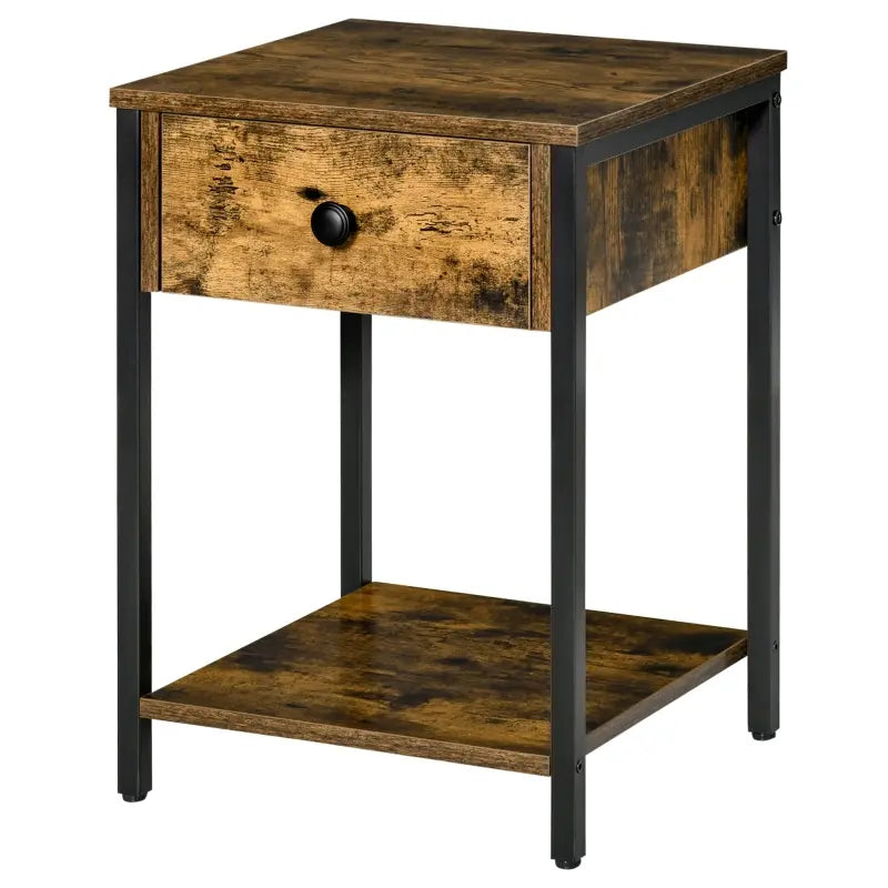 HOMCOM Industrial Side Table, End Table with Drawer and Storage Shelf for Living Room, Bedroom, Rustic Brown