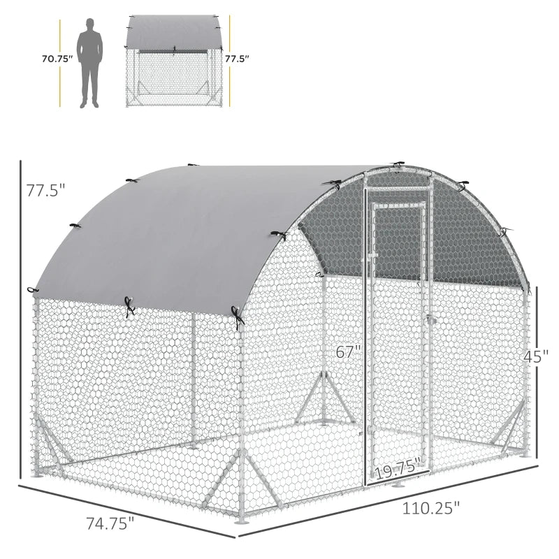 PawHut Large Metal Chicken Coop, Walk-in Poultry Cage Galvanized Hen Playpen House with Cover and Lockable Door for Outdoor, Backyard Farm, 10' x 6.5' x 6.5', Silver