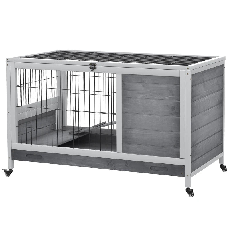 PawHut Rabbit Hutch on Wheels, Indoor Bunny Cage Small Animal House with Pull Out Tray Casters Ramp, 35.5" x 21" x 23", Brown