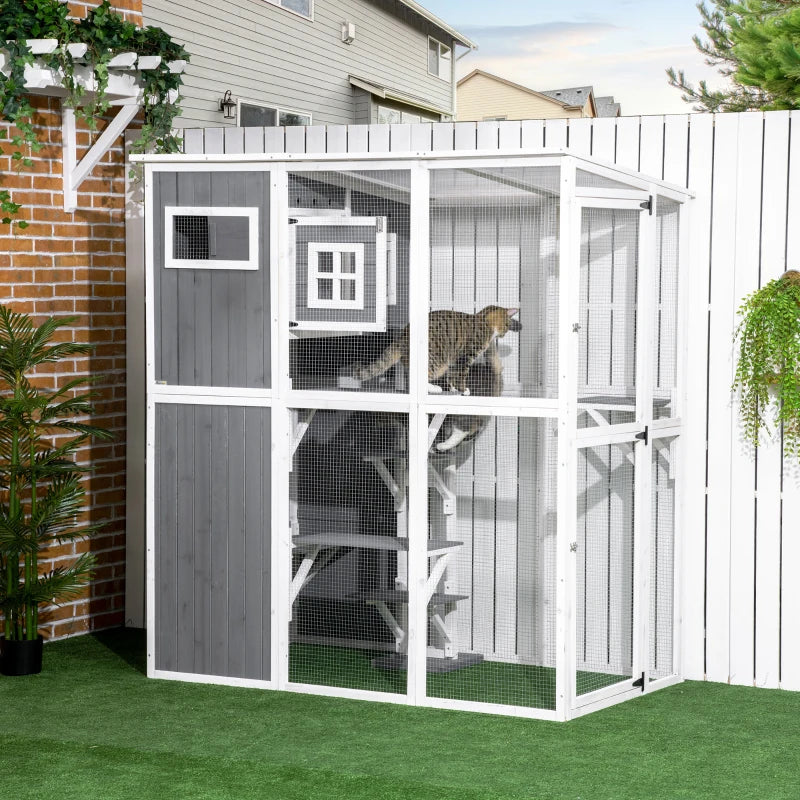 PawHut Outdoor Cat House, Wooden Catio on Wheels, Large Kitten Playpen with Weather Protection Roof, 2 Platforms, Resting Condo, Enter Door 36"L