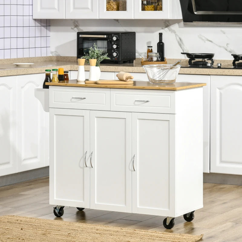 HOMCOM Rolling Kitchen Island with Storage, Portable Kitchen Cart with Stainless Steel Top, 2 Drawers, Spice, and Towel Rack and Cabinets, White-1