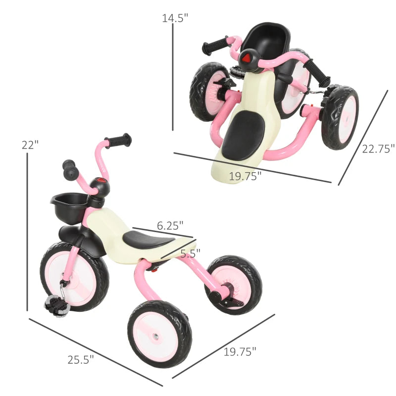 Qaba Foldable Kids Ride on Bike Tricycle with a Timeless Classic Color Design & a Front Basket for Storage - Pink