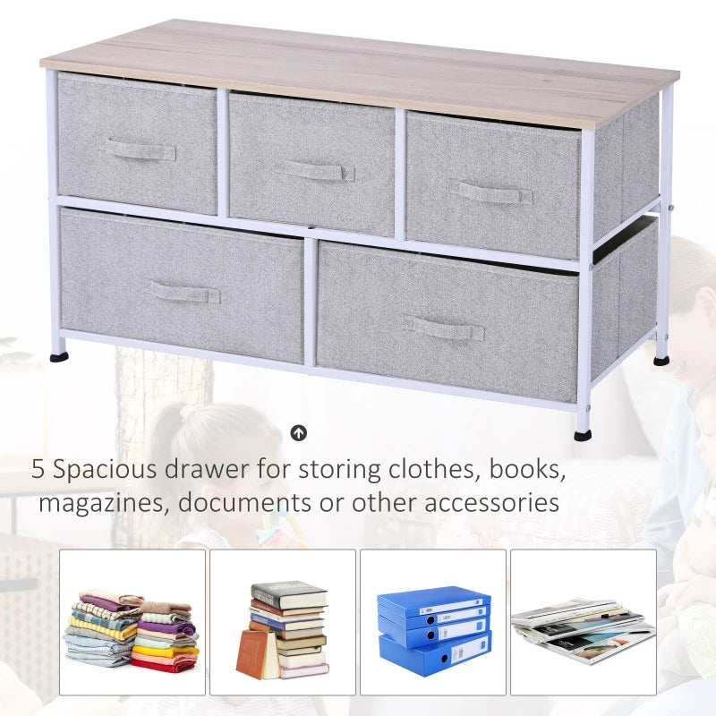 HOMCOM 40" L 5 Drawer Horizontal Storage Cube Dresser Unit Bedroom Organizer Livingroom Shelf Tower with Fabric Bins
