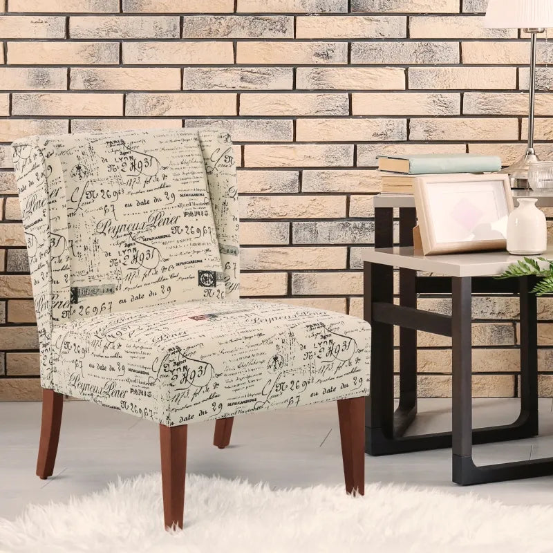 HOMCOM Upholstered Armless Accent Chair, Leisure Side Chair with Wingback, Soft Linen Fabric and Solid Wood Legs, Decorative for Bedroom, Living room, Letter Print