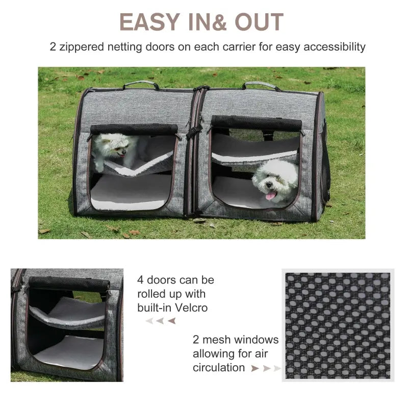 PawHut 39" Portable Soft-Sided Pet Cat Carrier with Divider, Two Compartments, Soft Cushions, & Storage Bag, Grey