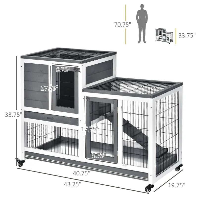 PawHut Wooden Rabbit Hutch Elevated Bunny Cage Indoor Small Animal Habitat with Enclosed Run with Wheels, Ramp, Removable Tray Ideal for Guinea Pigs, Grey