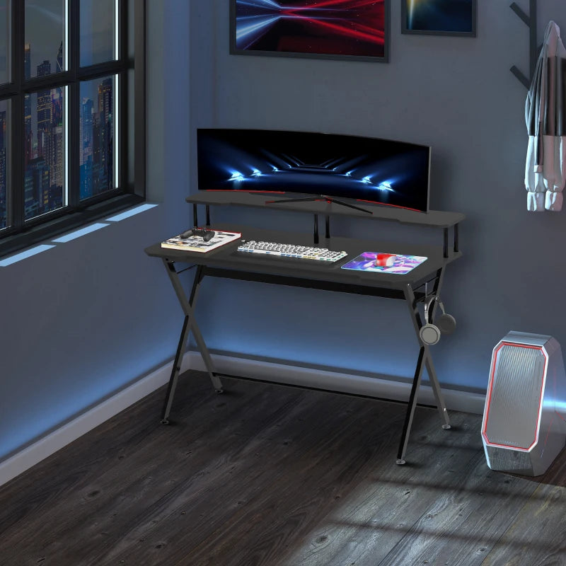 HOMCOM L-Shaped Gaming Desk, Corner Computer Desk, Gaming Table with Carbon Fiber Desktop, Adjustable Monitor Stand, Cup Holder, Headphone Hook and K Frame, Red/Black
