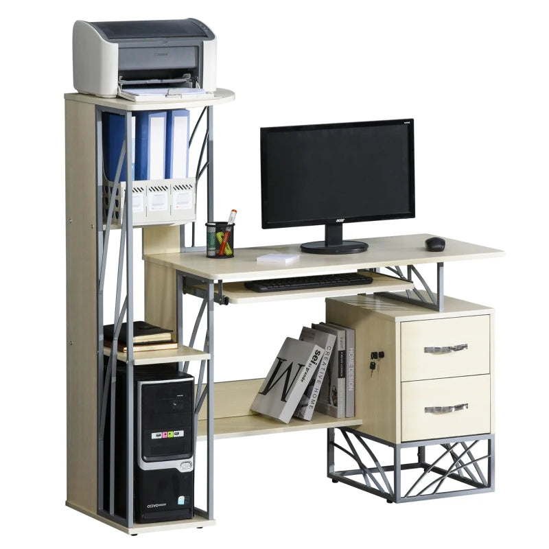 HOMCOM Modern Computer Writing Desk Workstation with 4-Tier Storage Shelves, Keyboard Tray & Lockable Drawers - Natural