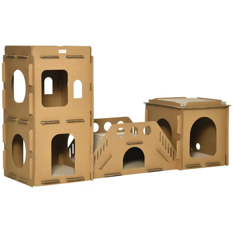 PawHut Cat Tree Corrugated Paper Scratching Pad Board Climbing Toy Pet Furniture with Cat House, Brown