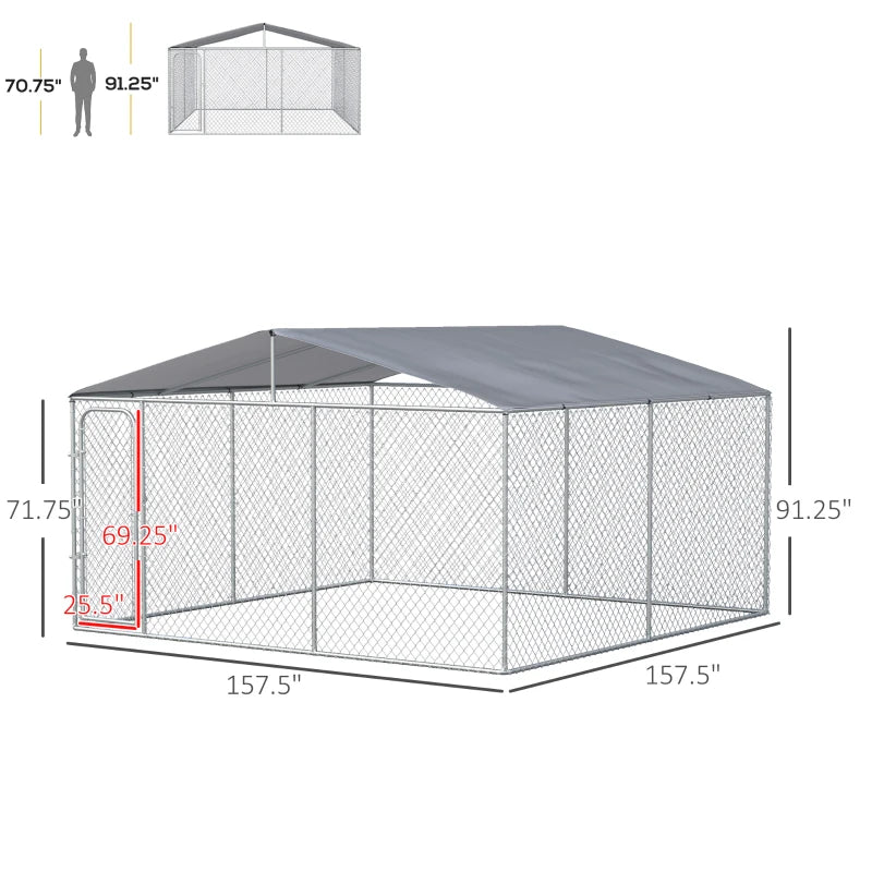 PawHut Outdoor Dog Kennel Galvanized Steel Fence with Cover Secure Lock Mesh Sidewalls for Backyard 157.5" x 157.5" x 91.25"