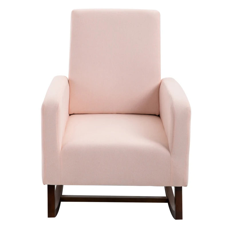 HOMCOM Accent Lounge Rocking Chair with Solid Curved Wood Base and Linen Padded Seat - Pink