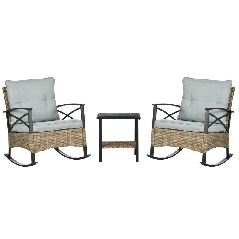 Outsunny 3 Piece Rocking Wicker Bistro Set, Outdoor Patio Furniture Set with two Porch Rocker Chairs, Cushions, Two-Tier Coffee Table for Garden, Backyard, Light Gray