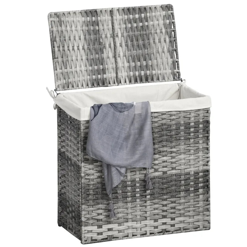Outsunny Foldable Laundry Hamper Rattan Clothes Hamper with Lid, Removable Liner Bag