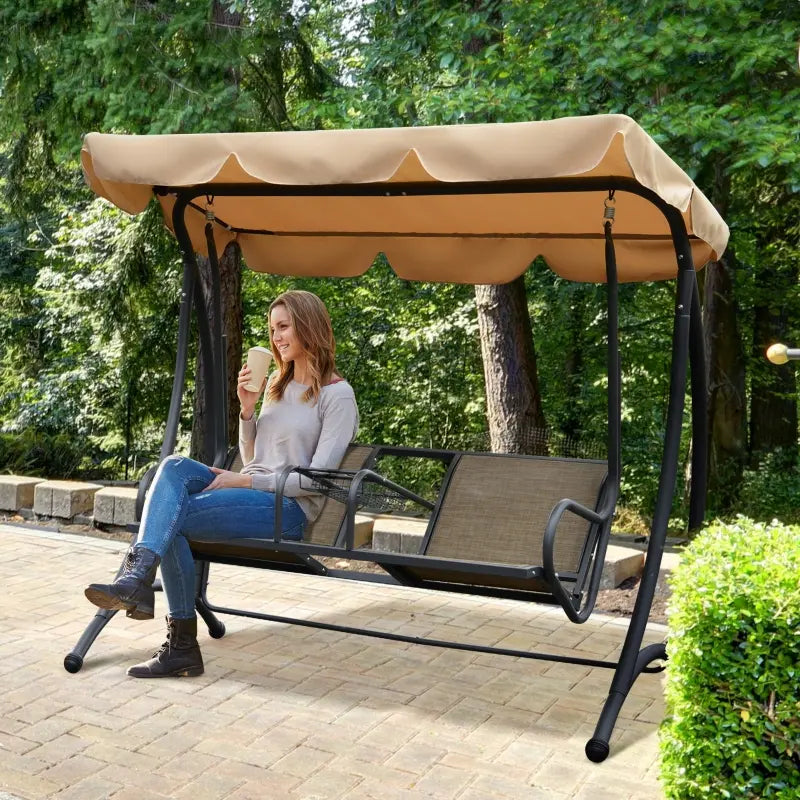 Outsunny 2 Person Porch Swing with Stand, Outdoor Swing with Canopy, Pivot Storage Table, 2 Cup Holders, Cushions for Patio, Backyard, Beige