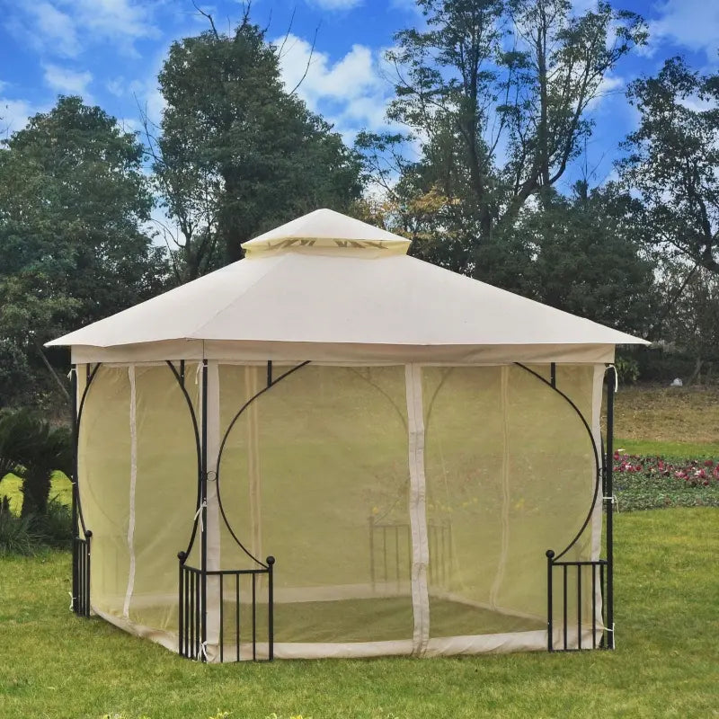 Outsunny 10' x 10' Outdoor Patio Gazebo Canopy Tent with Mesh Sidewalls, 2-Tier Canopy for Backyard, Beige