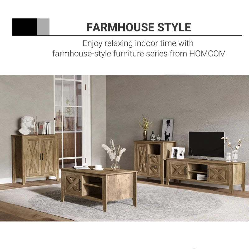 HOMCOM Farmhouse Coffee Table with Enclosed Storage Cabinet and Adjustable Open Shelves for Living Room, Oak