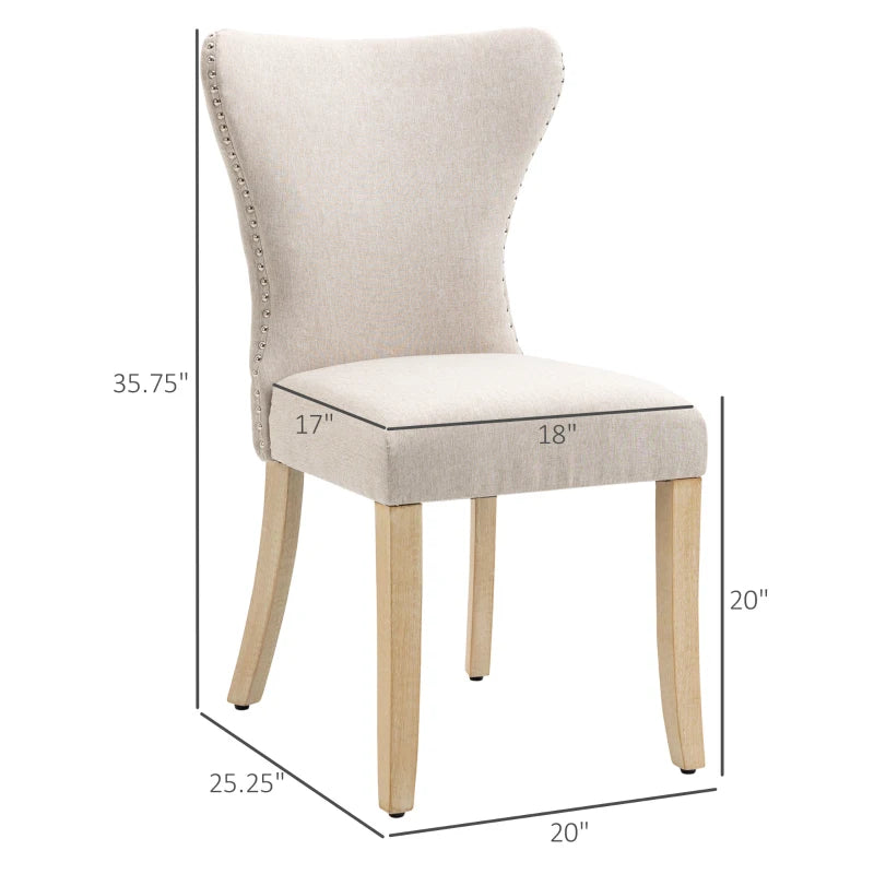 HOMCOM Armless Dining Chairs Set of 2, Modern Accent Chair with Wing Backrest, Linen Upholstery, Nailhead Trim, Cream White