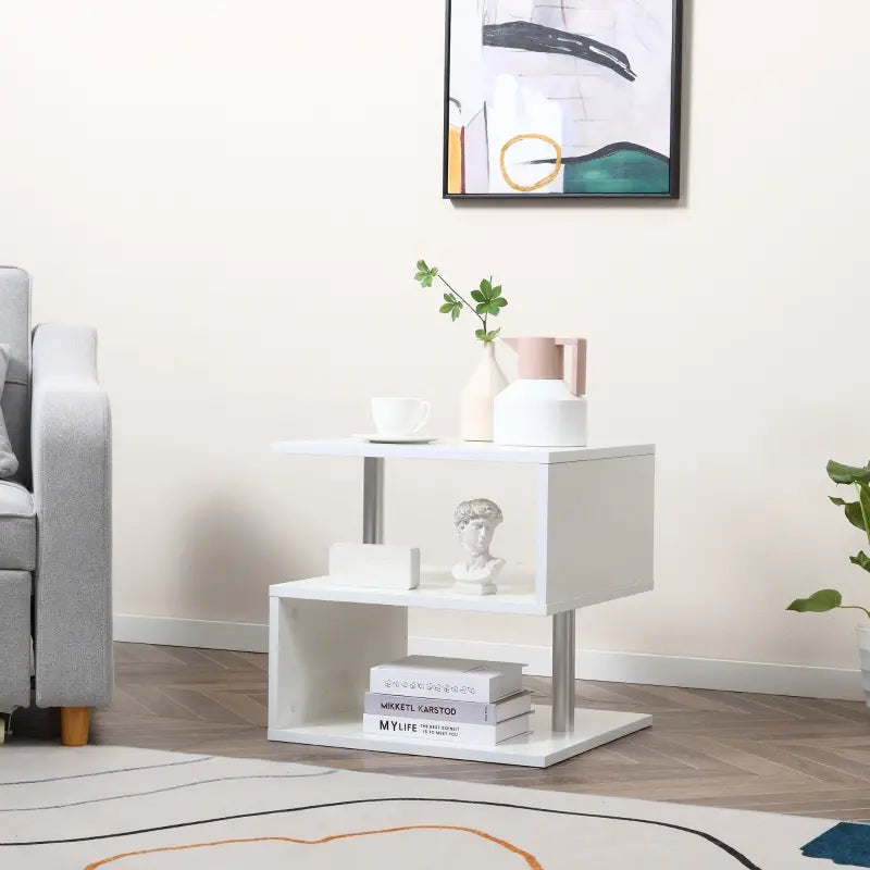 HOMCOM 20" Modern S-Shaped Multi-Level Accent End Table Shelf with Steel Poles, White