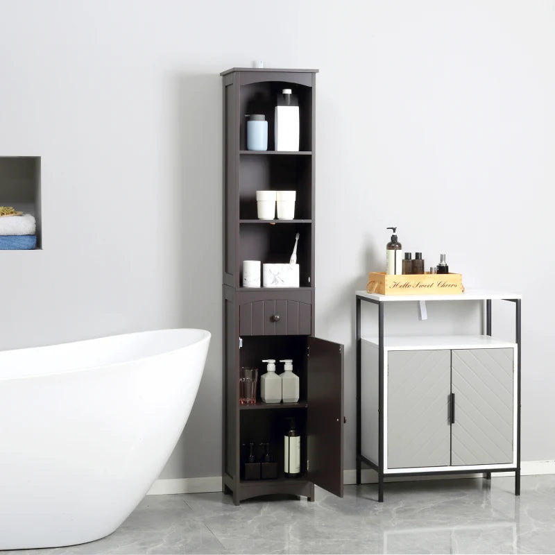 HOMCOM Bathroom Storage Cabinet, Free Standing Bathroom Storage Unit, Tall Linen Tower with 3-Tier Shelves and Drawer, Brown