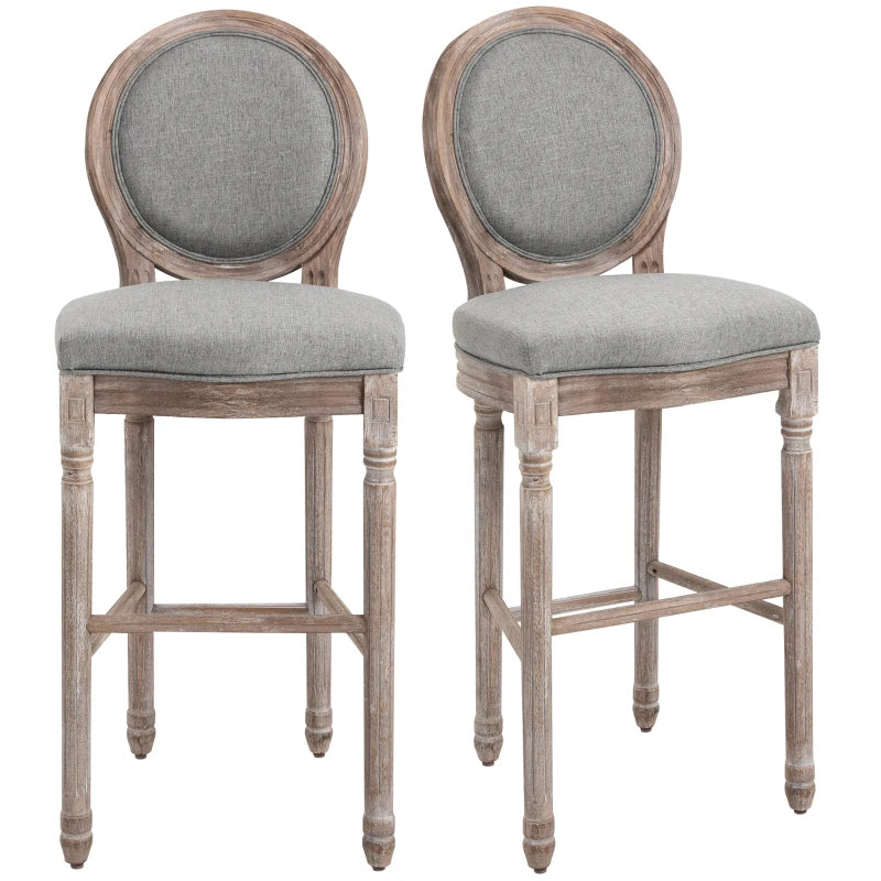 HOMCOM Vintage Bar Stools Set of 2, Wood Barstools Accent Chairs with Soft Linen Cushions & Footrest, 29.5" Seat Height, Grey