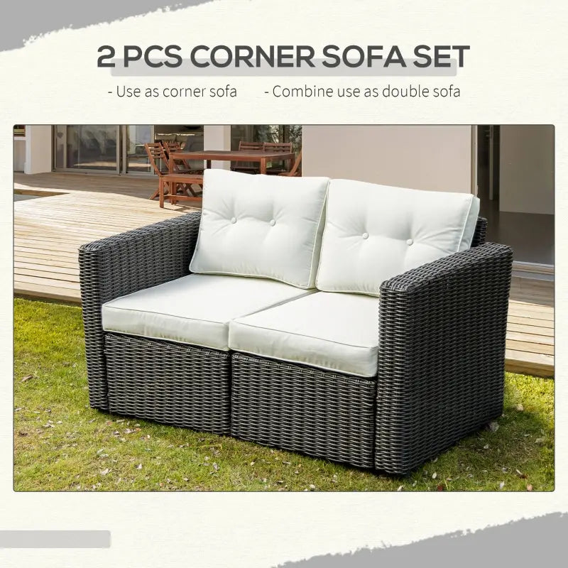 Outsunny 2 Piece Patio Wicker Corner Sofa Set, Outdoor PE Rattan Furniture, with Curved Armrests and Padded Cushions for Balcony, Garden, or Lawn, Lawn, Beige