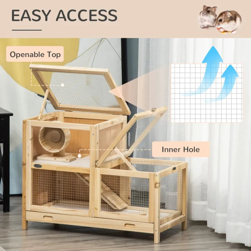 PawHut 3-Tier Wooden Hamster Cage, Small Animals Hutch with Ladders, Natural