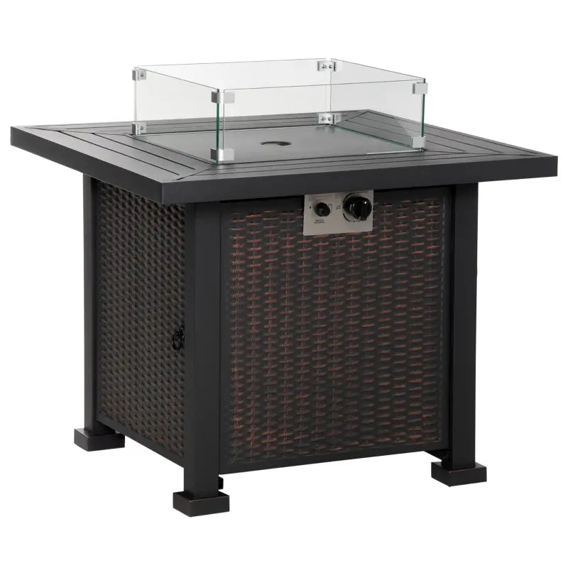 Outsunny 43 Inch Outdoor Propane Gas Fire Pit Table, 50,000 BTU Auto-Ignition Rectangular Wicker-effect Gas Firepit with Glass Wind Guard, Lid, Glass Beads, Steel Base, CSA Certification, Bronze