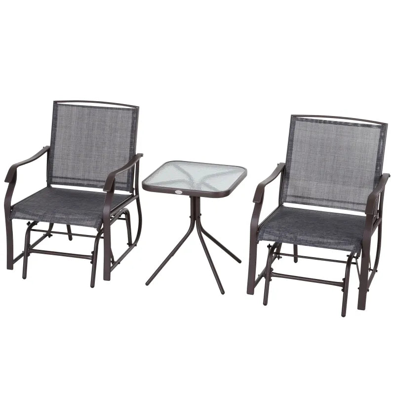 Outsunny 3 Pcs Outdoor Gliders Set Bistro Set with Glass Top Table for Patio, Garden, Backyard, Lawn, Grey