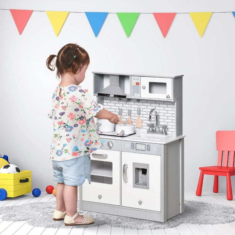 Qaba Play Kitchen with Sink, Microwave, and Ice Machine, Kids Kitchen Playset with Sound Effects and Lights, Pretend Toy Set for 3+ Years Old