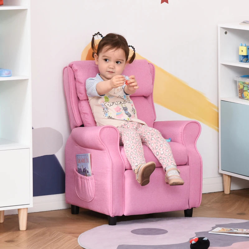 Qaba Kids Recliner Chair Children Sofa Angle Adjustable Single Lounger Armchair Gaming Chair with Footrest 2 Side Pockets for 3-5 years, Light Pink