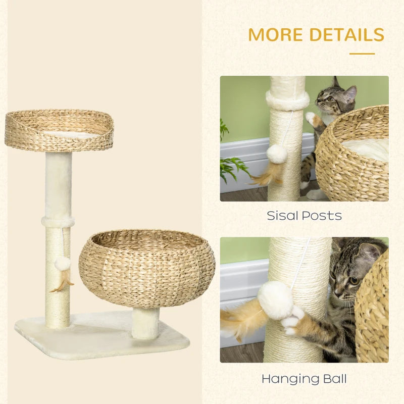 PawHut 28" Elevated Cat Bed with Sisal Scratching Post for Indoor Kitties, Modern Cat Tree with Cute Basket Design, Small Cat Tree with Fun Ball Toy