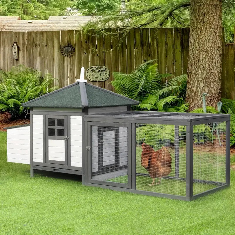 PawHut Cute Chicken Coop with Cottage Design, Poultry Cage with Steel Wire for Animal Protection, Safe Environmental Hen House, Grey
