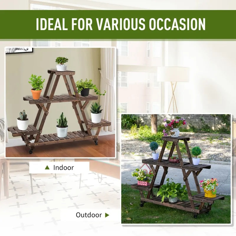 Outsunny 56'' x 14'' x 41'' 4 Tier Wooden Plant Stand with Removable Wheels, Large Display Capacity & Wood Build - Brown